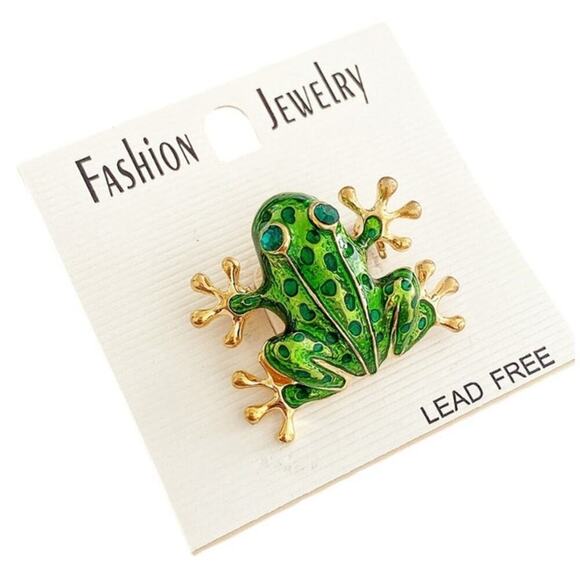 NWT Gold Plated and Green Enamel Glass Frog Brooch - Picture 1 of 2